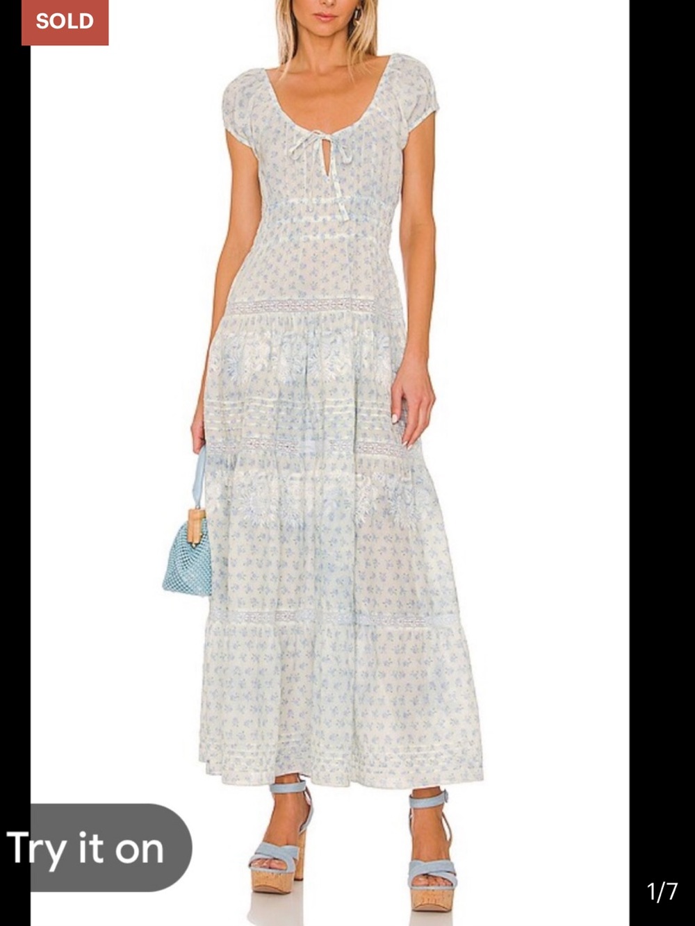 LoveShackFancy Magdaline Dress Pale Blue Floral Scoop-Neck Maxi Dress size S euc
